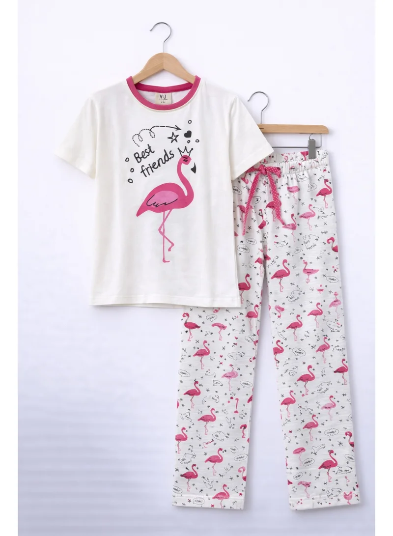 Victor And Jane  Girls’ Pajama Set – Flamingo Graphic T-Shirt & Printed Pants for Women | Best Price UAE